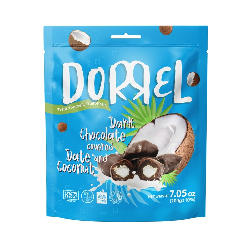 Dorrel – Belgian Dark Chocolate Covered Dates (Medjool) With Coconut Stuffing, High Energy Vegan Choco Snack, Delicious, Kosher
