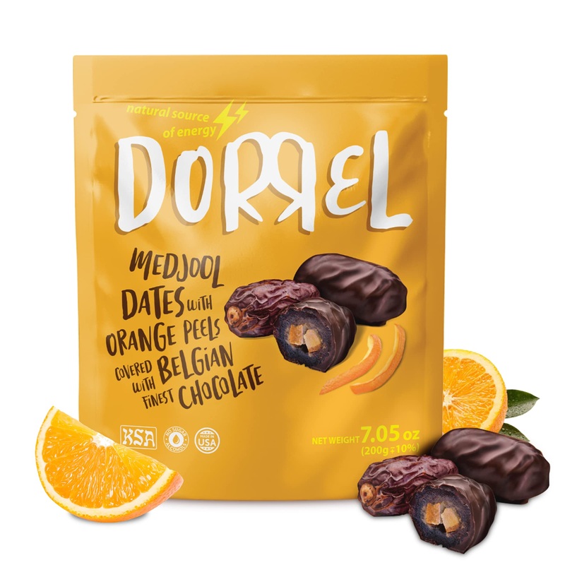 Dorrel Belgian Dark Chocolate Covered Medjool Dates Stuffed With Candied Orange Peel, High-Energy Source, Nutritious And Sweet S