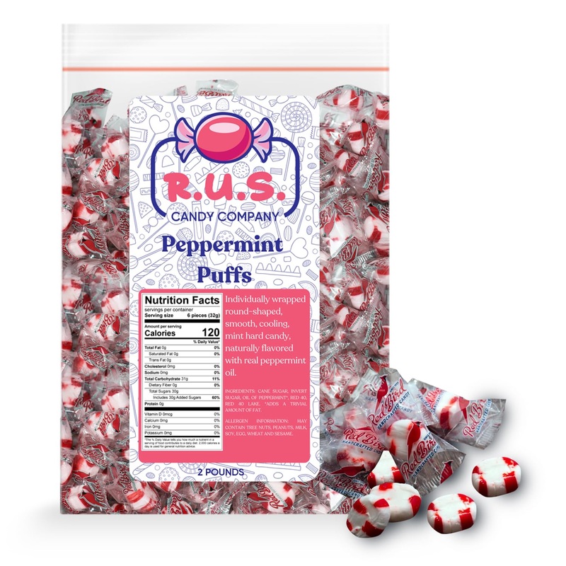 R.U.S. Candy Company Peppermint Puffs Candy – 2 Pound Bag – Refreshing Soft Mint Candy Perfect For Parties And Holiday Celebrati