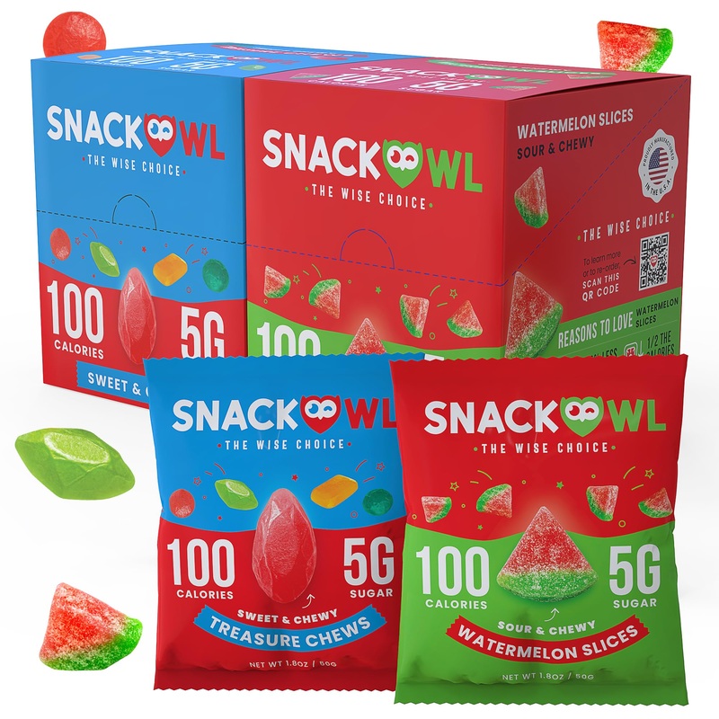 Snack Owl Vegan Sour Gummy Candy – Gluten Free, Low Calorie Candy – Guilt Free & Delicious Healthy Gummy Snacks – Watermelon Sli