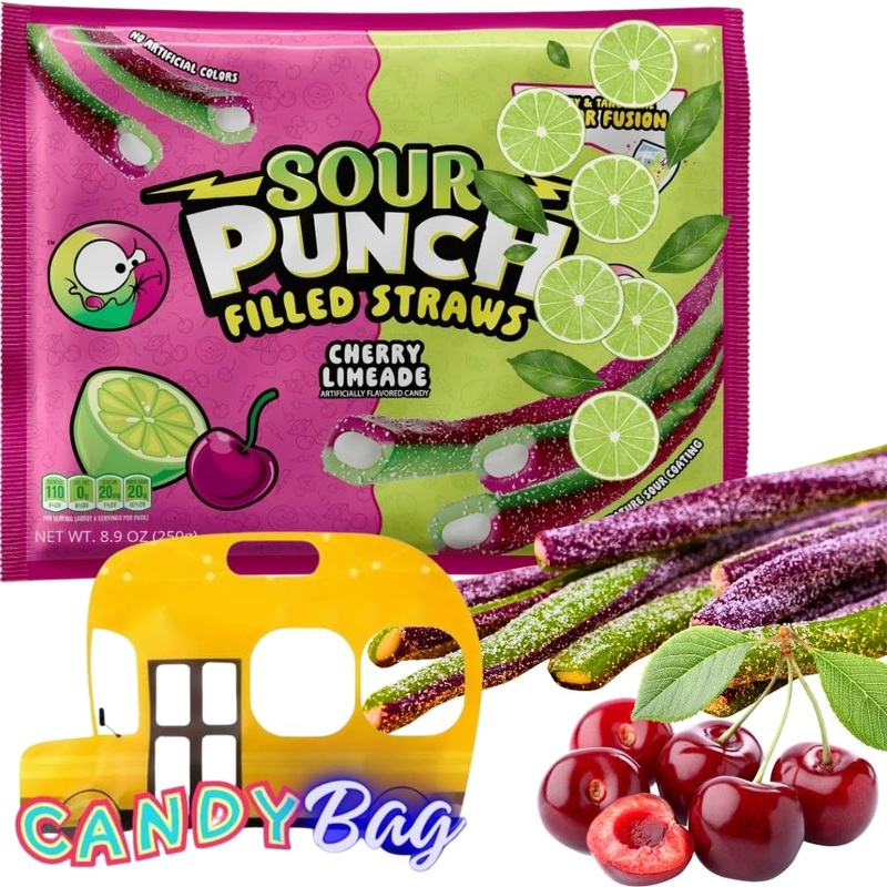 Sour Filled Bites Straws – 8.9Oz Extra Value Bag – Dual Flavor Fusion Cherry & Limeade – Comes With One Bus Resealable Zipbag (C