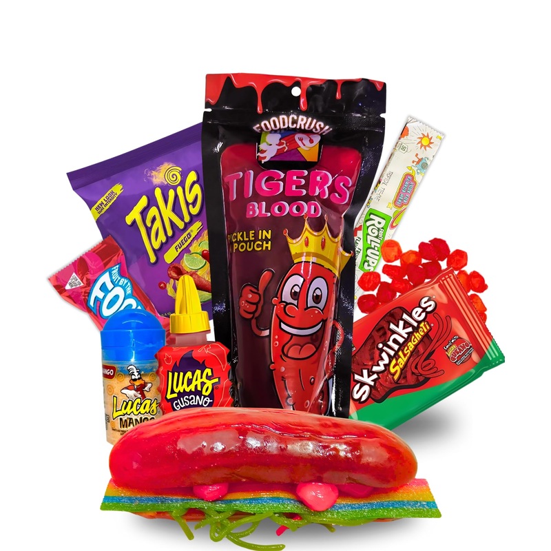 Tigers Blood Pickle Kit With Mexican Candy (Dulces Mexicano) Gift Pouch With Takis, Fruit By The Foot, Fruit Roll-Up, Lucas Wate