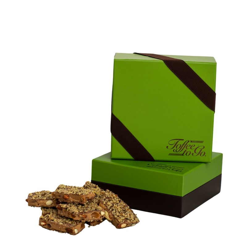 Toffee To Go Milk Chocolate Almond Toffee 1 Lb Signature Green Gift Box | Hand Crafted | Gluten Free | Kosher Certified | No Add