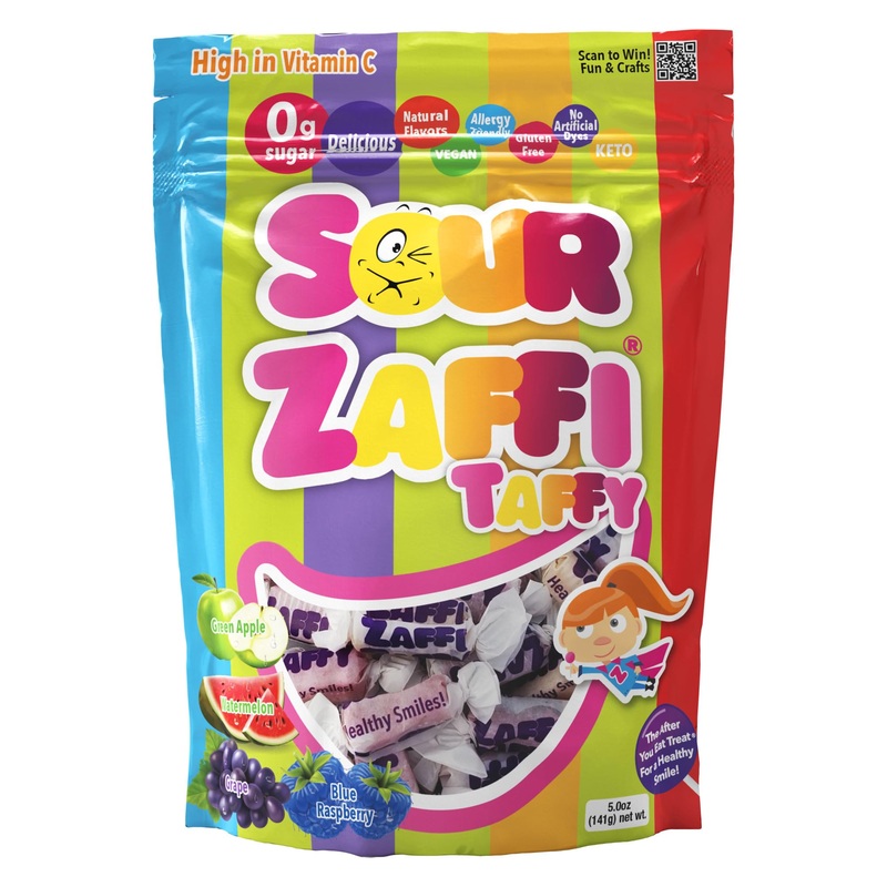 Zaffi Taffy Sour In Assorted Sour Flavors, Watermelon, Green Apple, Blue Raspberry, And Grape, 5 Oz. Bag