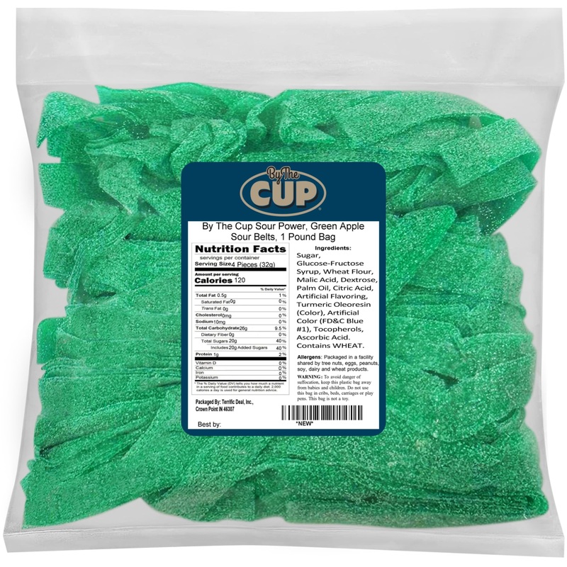 By The Cup Sour Power Green Apple Sour Belts, 1 Lb Bulk Bag
