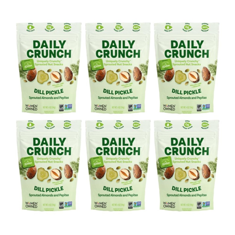 Daily Crunch Snacks, Dill Pickle, 4 Ounce Bags, Pack Of 6 – Sprouted And Dehydrated For A Unique Crunch, Keto Friendly, Non-Gmo,
