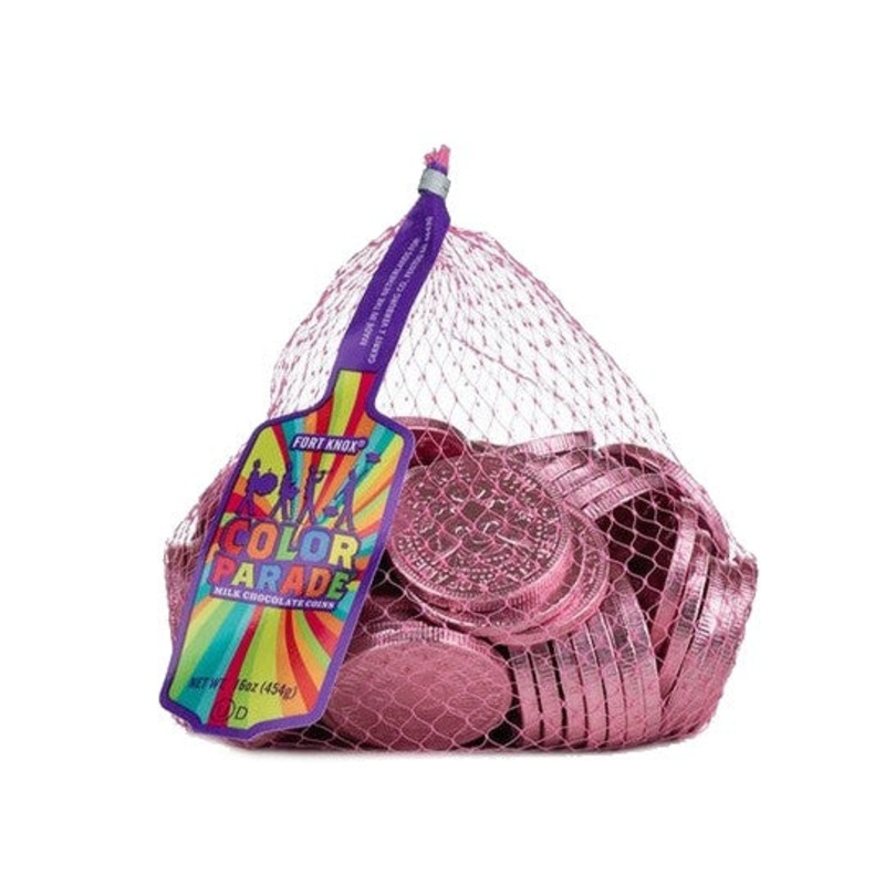 Fort Knox Fuchsia Pink Milk Chocolate Coins – 1 LB Mesh Bag