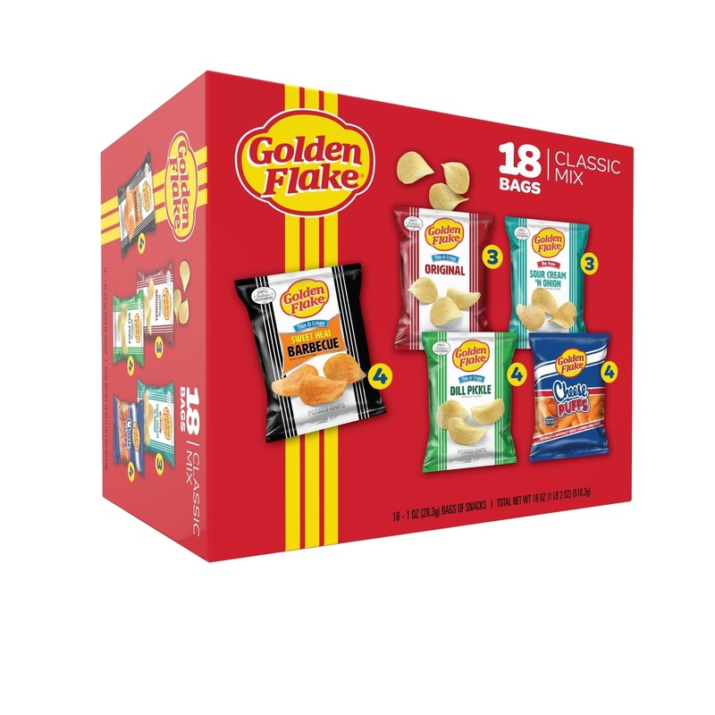 Golden Flake Classic Mix Variety Pack, 18 Ct, 1Oz. Bags; Thin & Crispy Sweet Heat Bbq (4), Cheese Puffs (4), Thin & Crispy Dill