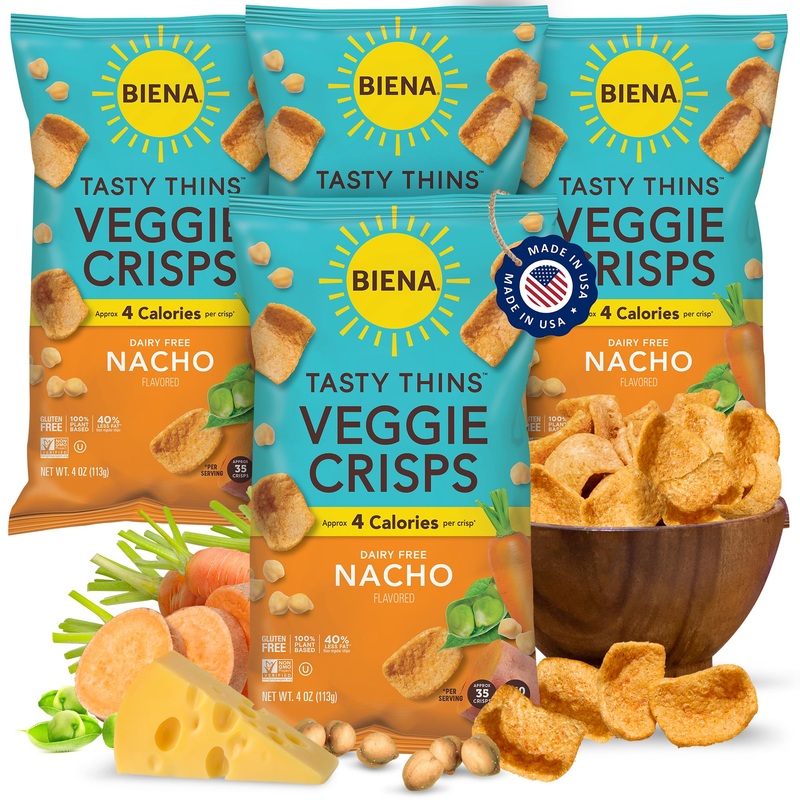 Biena Tasty Thins Veggie Crisps – Low Calorie Veggie Chips For Adults And Kids – 4-Pack, 4 Ounce Bags – Nacho