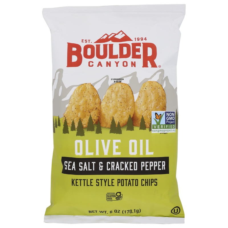 Boulder Canyon Kettle Cooked Potato Chips, Cooked In 100% Olive Oil, Wavy Canyon Cut, Non-Gmo Verified, Gluten Free, Sea Salt &