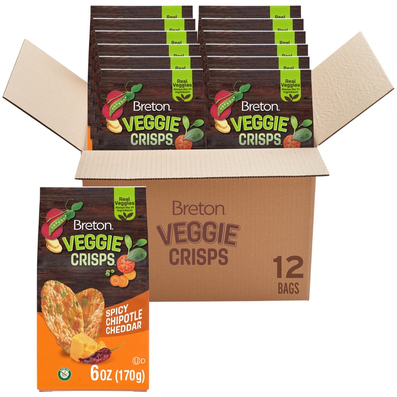 Breton Veggie Crisps Spicy Chipotle Cheddar (Pack Of 12) – Popped Not Fried Crisps, Made With Real Vegetables, Light And Crispy
