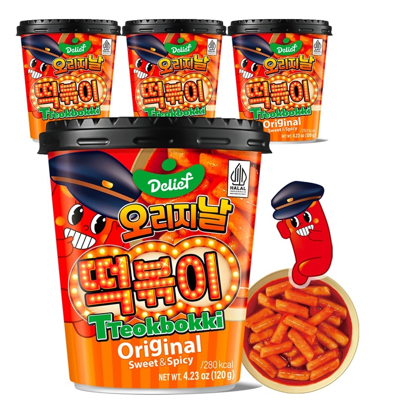 Delief Tteokbokki Cup Original Flavor (Sweet And Spicy) 4.23Oz(120G) Korean Street Food Korea Instant Rice Cake Snack, 4 Packs