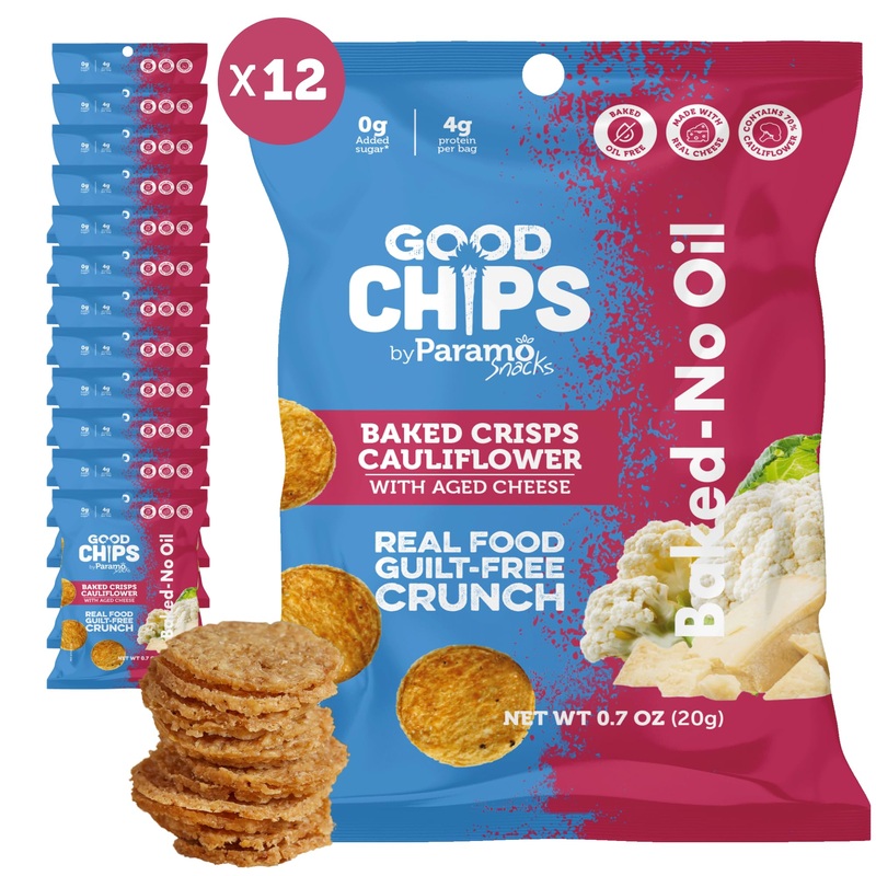 Good Chips Cauliflower Aged Cheese – Baked, No Oil – High Protein, Guilt Free Healthy Snacks – 0.7 Oz, Pack Of 12