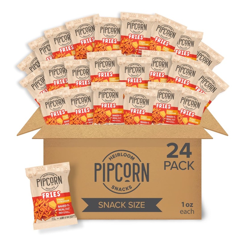 Heirloom Baked Fiery Cheddar Fries By Pipcorn – 1Oz 24Pk – Healthy Snacks, Gluten Free Snacks, Non-Gmo, Upcycled Heirloom Corn F