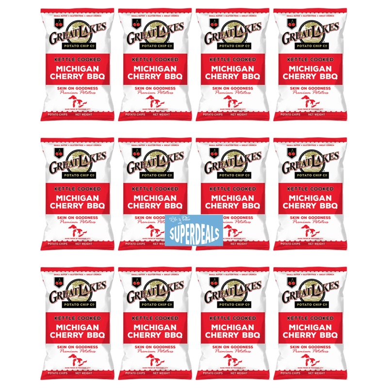 Kettle Cooked Potato Chips by SUPERDEALS | Michigan Cherry BBQ | 1.375 Oz Bag | Value Pack of 12 with Bonus Gift