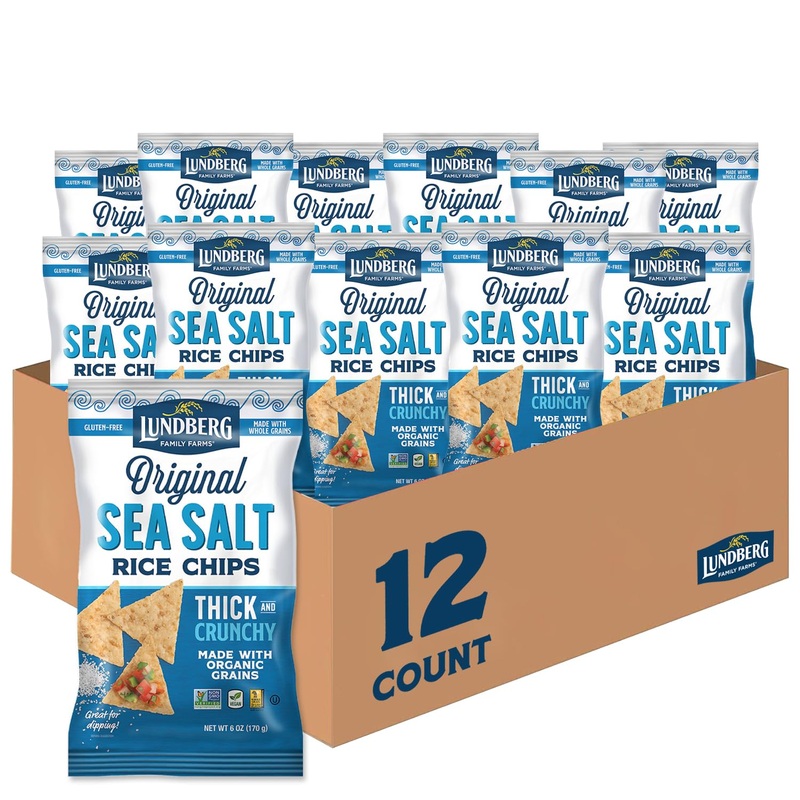 Lundberg Rice Chips, Sea Salt 12-Pack – Plant-Based Snacks Made With Organic California Brown Rice, Pea Protein & Chia Seeds, 5.