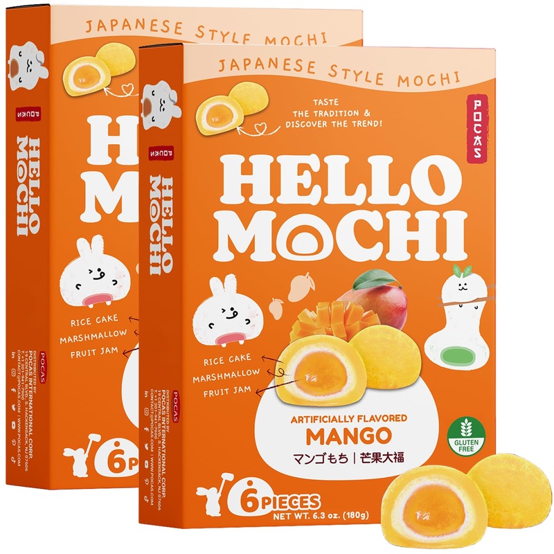 Pocas Hello Mochi, Mango 2-Pack – Soft And Chewy Japanese Snacks, Sweet Rice Cake, Marshmallow & Mango Jam Dessert, Gluten-Free,