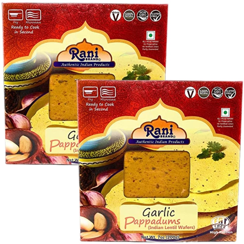 Rani Pappadums (Indian Lentil Wafer Snack) Garlic Papad 7Oz (200G) Approximately 15Pc, 7 Inches, Pack Of 2 ~ All Natural | Glute