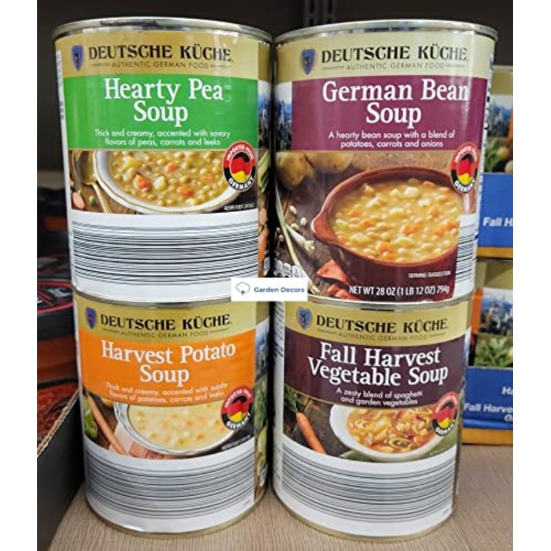Deutsche Kuche 4 Kinds Of Soup: Hearty Pea, German Bean, Harvest Potato, Fall Harvest Vegetable, 28Oz 794G (Four Cans)