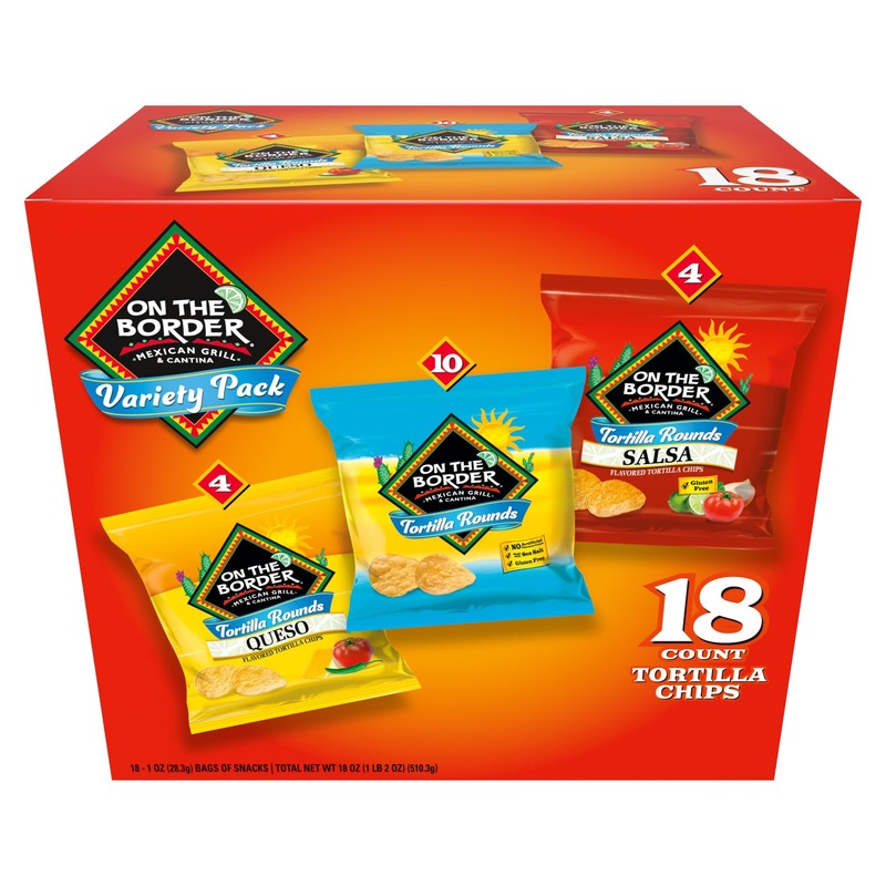 On The Border Tortilla Chips Variety Pack, 18 Count Single-Serve Bags (1 Oz Each) – Includes Tortilla Rounds, Queso Flavored Tor
