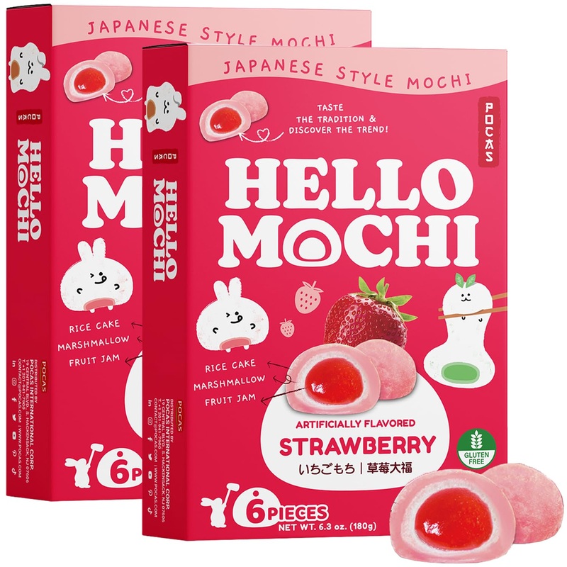 Pocas Hello Mochi, Strawberry 2-Pack – Soft And Chewy Japanese Snacks, Sweet Rice Cake, Marshmallow & Strawberry Jam Dessert, Gl
