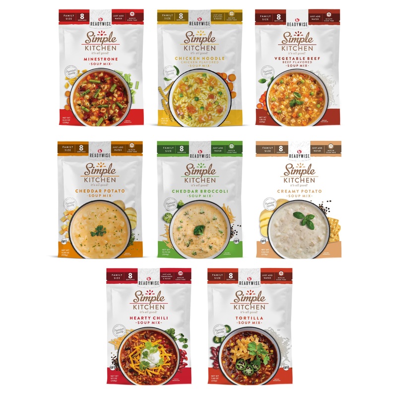 Readywise – Simple Kitchen, Soup Sampler, Variety Pack, 8 Servings Per Pouch, Soup Mix, Family Size, Mre, Gluten Free Options, F