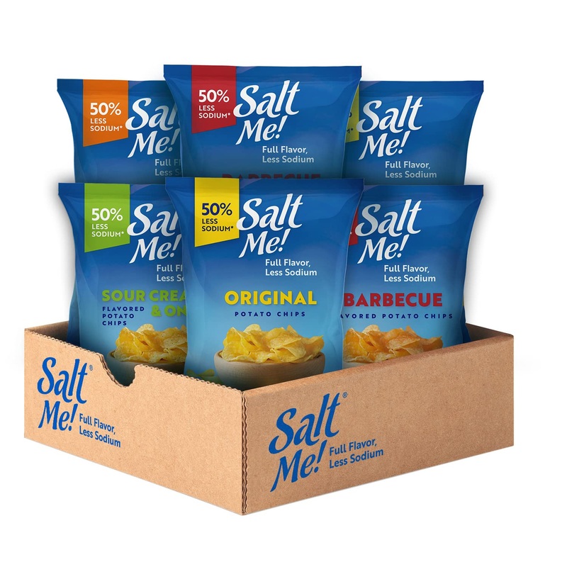 Saltme! 4 Flavor Variety Pack Potato Chips, 50% Low Salt, Kosher, Non-Gmo, Better For You Chips, Original-Bbq-Sc&Onion-Ched&Sour