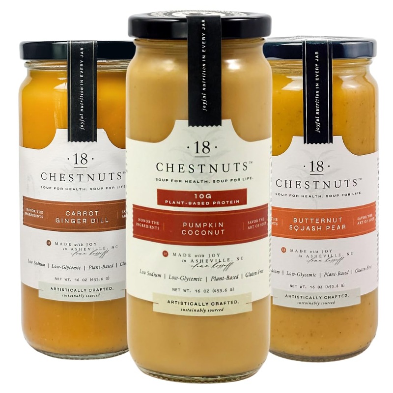 18 Chestnuts Plant Based Soup – Fall Bundle Box: Pumpkin Coconut, Carrot Ginger Dill, & Butternut Squash Pear Soup Bundle, Plant