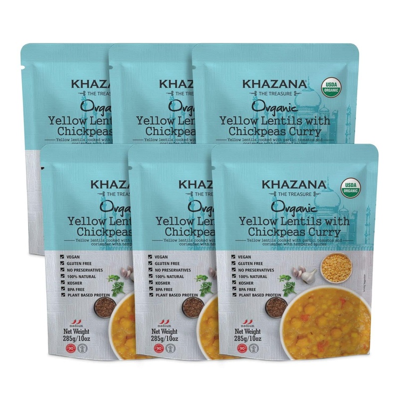 Khazana Organic Ready To Eat Meals Yellow Lentils With Chickpeas Curry (Pack Of 6, 10Oz Pouches) – Non-Gmo, Vegan, Gluten Free &