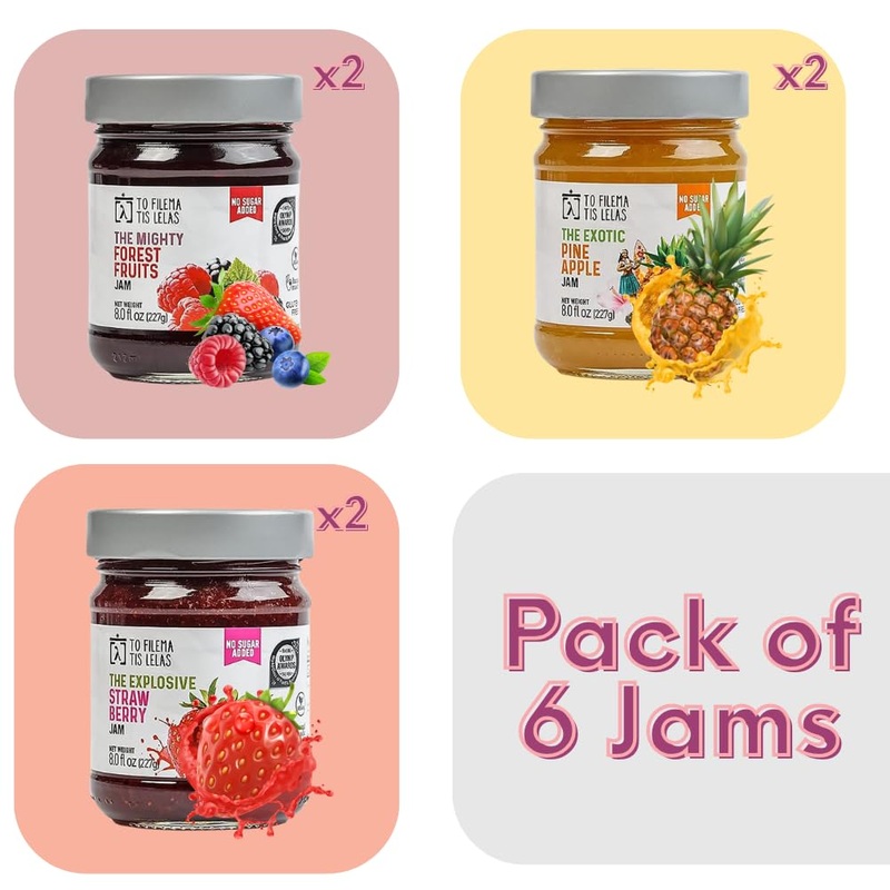 Assorted No Sugar Added Jams – 6 X 8 Fl. Oz – 2 X Strawberry, Forest Fruits & Pineapple – Made In Greece, No Preservatives, Glut