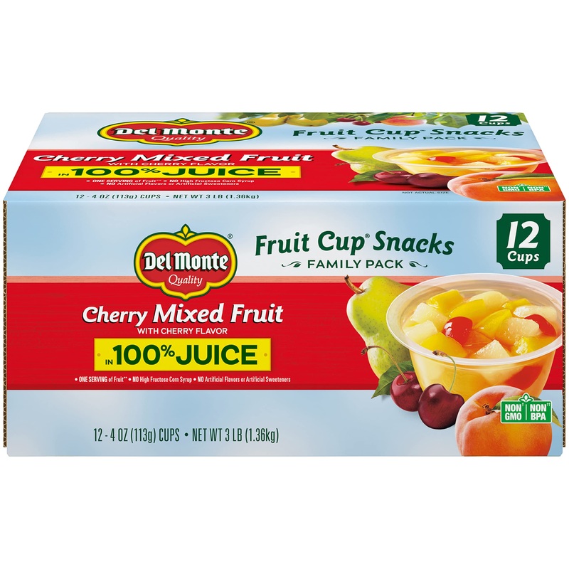 Del Monte Cherry Flavored Mixed Fruit Fruit Cup Snacks In 100% Juice, 12 Pack, 4 Oz.