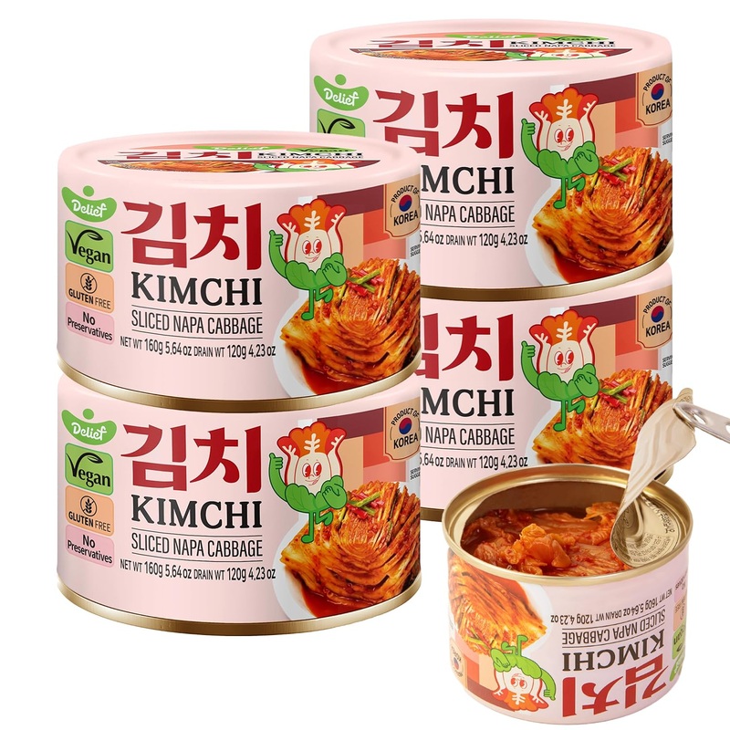 Delief Sliced Spicy Kimchi – Authentic Korean Napa Cabbage, Vegan, Gluten-Free, Shelf-Stable Canned, No Preservatives, 5.64 Oz/1