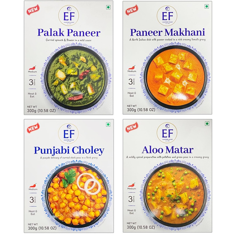 Eastern Feast – Rte Variety Mix #1, (Palak Paneer, Paneer Makhani, Punjabi Choley, Aloo Matar), Ready To Eat Vegetarian Meals, (