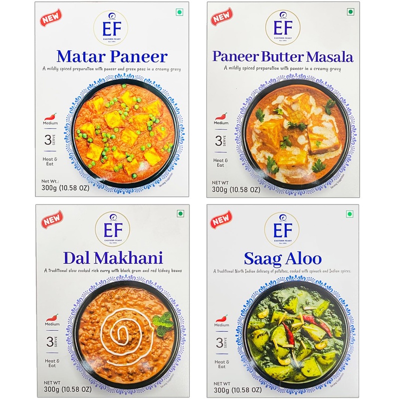 Eastern Feast – Rte Variety Mix #2, (Matar Paneer, Butter Paneer, Dal Makhani, Saag Aloo), Ready To Eat Vegetarian Meals, (10.58