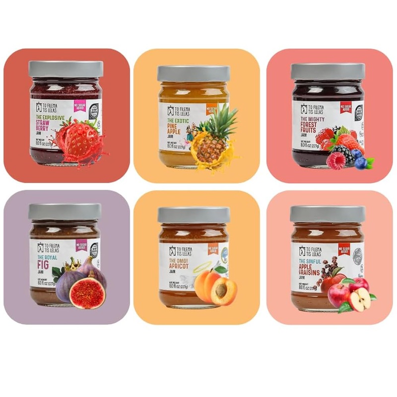 No Sugar Added Jams – 6 X 8 Fl. Oz – Strawberry, Pineapple, Forest Fruit, Apricot, Fig, Apple – Made In Greece, No Preservatives