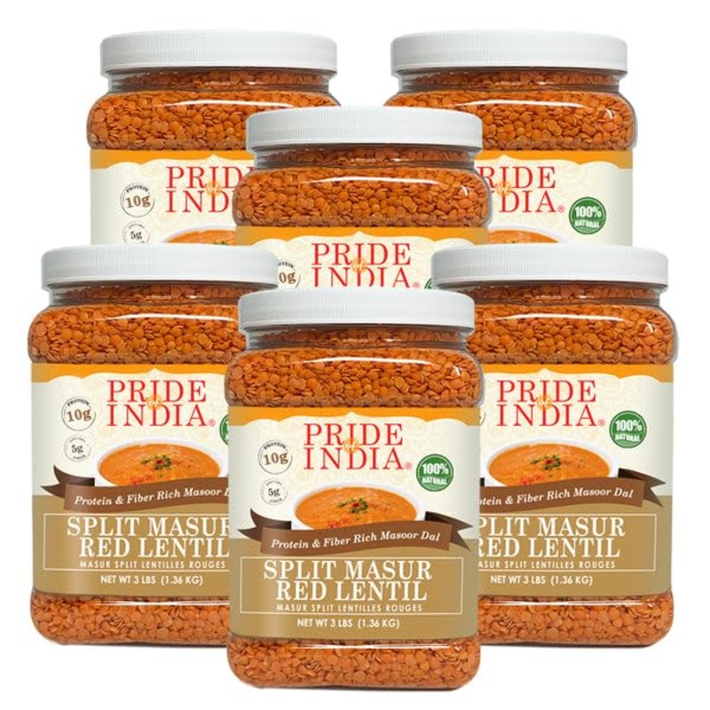 Pride Of India – Pack Of 6 – Indian Split Masur Red Lentils – Protein & Fiber Rich Masoor Dal, 3 Pound Jar