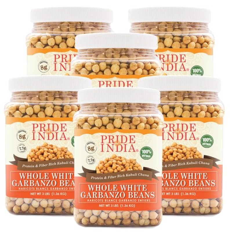 Pride Of India – Pack Of 6 – Indian Whole White Garbanzo Beans 10Mm – Protein & Fiber Rich Kabuli Chana, 3 Pound Jar