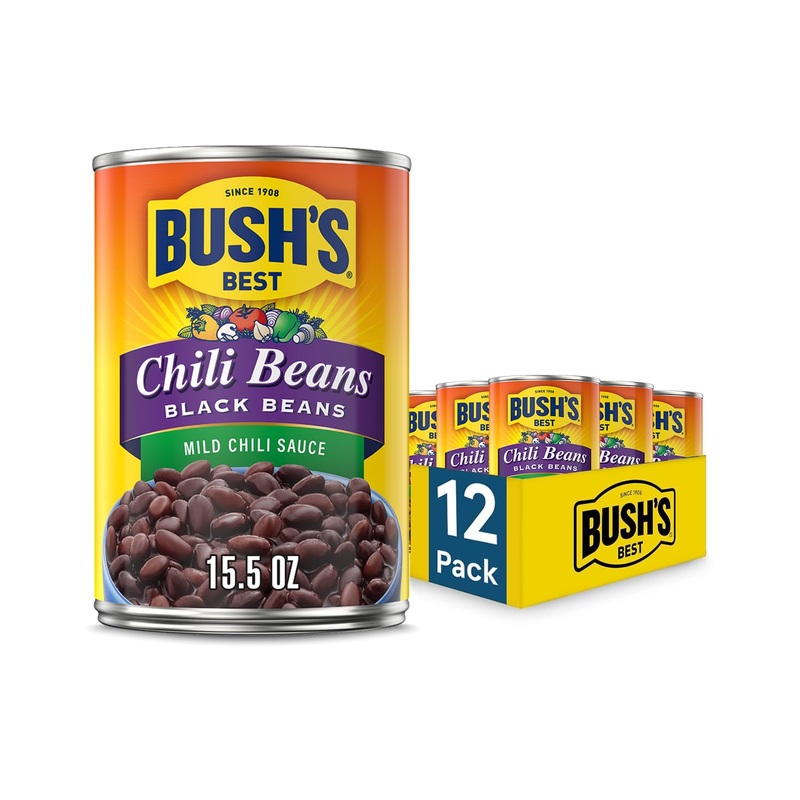 Bush’S Best 15.5 Oz Canned Black Chili Bean/Mild, Source Of Plant Based Protein And Fiber, Low Fat, Gluten Free, (Pack Of 12)