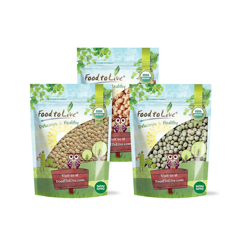 Food To Live Organic Pulses Bundle, 3 Pack – Whole Green Peas (5 Lb), Green Lentils (5 Lb), Chickpeas (5 Lb), Non-Gmo Dried Legu