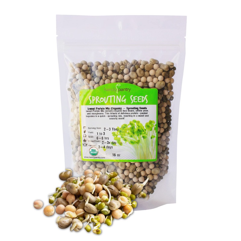 Organic Sprouting Seeds – Handy Pantry Sweet Protein Mix 1 Lb. – Fava Bean, Mung Bean, & Yellow Pea Seeds – High Protein Food Fo