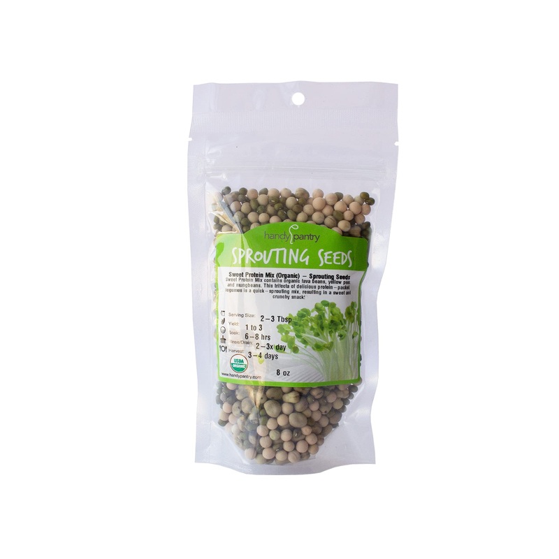 Organic Sprouting Seeds – Handy Pantry Sweet Protein Mix 8 Oz. – Fava Bean, Mung Bean, & Yellow Pea Seeds – High Protein Food Fo