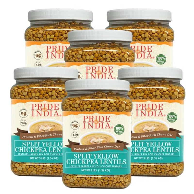 Pride Of India – Pack Of 6 – Indian Split Yellow Chickpea Lentils – Protein & Fiber Rich Chana Dal, 3 Pound Jar