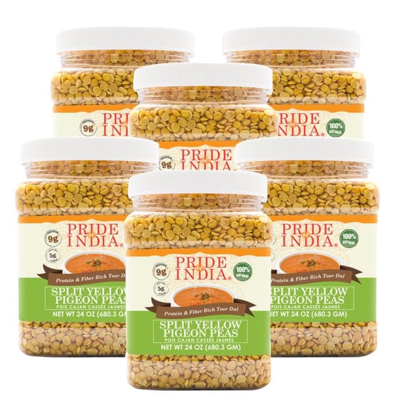 Pride Of India – Pack Of 6 – Indian Split Yellow Pigeon Peas – Protein & Fiber Rich Toor (Arahar) Dal, 1.5 Pound Jar