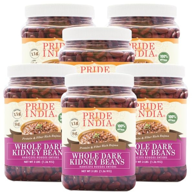 Pride Of India – Pack Of 6 – Indian Whole Dark Kidney Beans – Protein & Fiber Rich Rajma, 3 Pound Jar