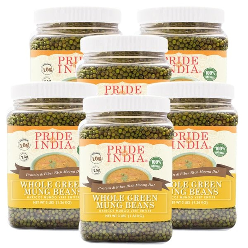Pride Of India – Pack Of 6 – Indian Whole Green Mung Gram – Protein & Fiber Rich Mung Bean Whole, 3 Pound Jar
