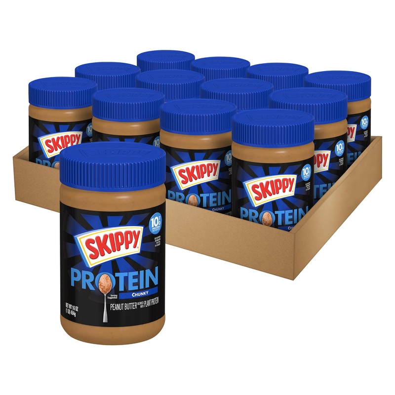 Skippy Chunky Peanut Butter Blended With Plant Protein, 16Oz Plastic Jar, 12 Pack