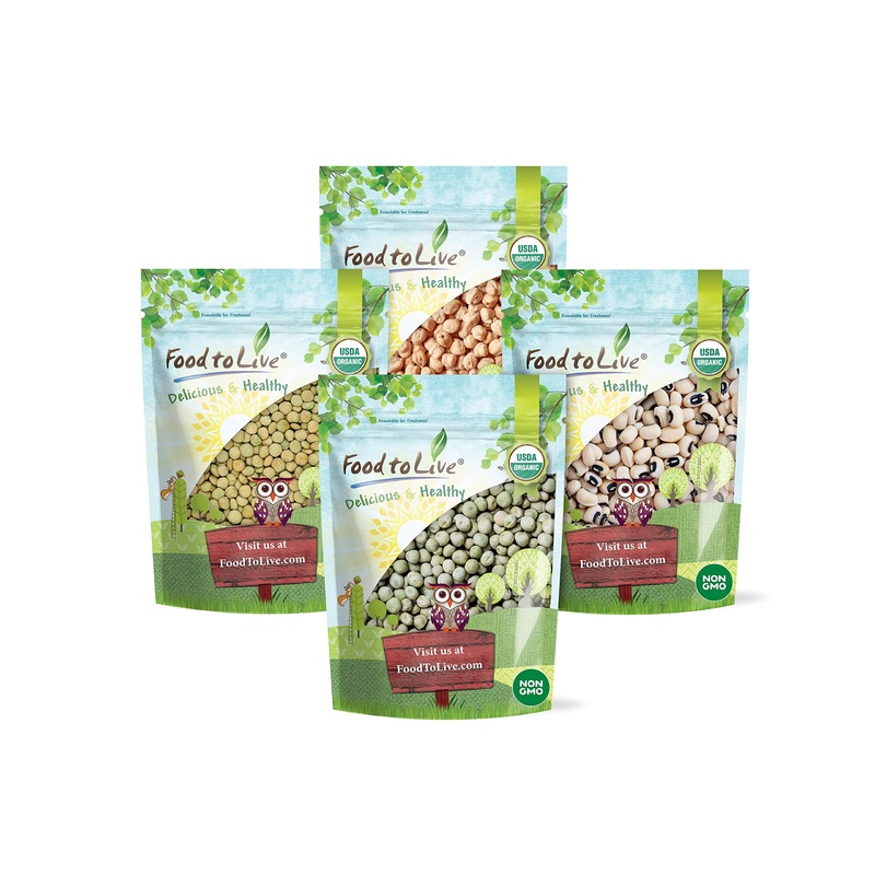 Food To Live Organic Pulses Bundle, 4 Pack – Whole Green Peas (5 Lb), Green Lentils (5 Lb), Chickpeas (5 Lb), Black-Eyed Peas (5