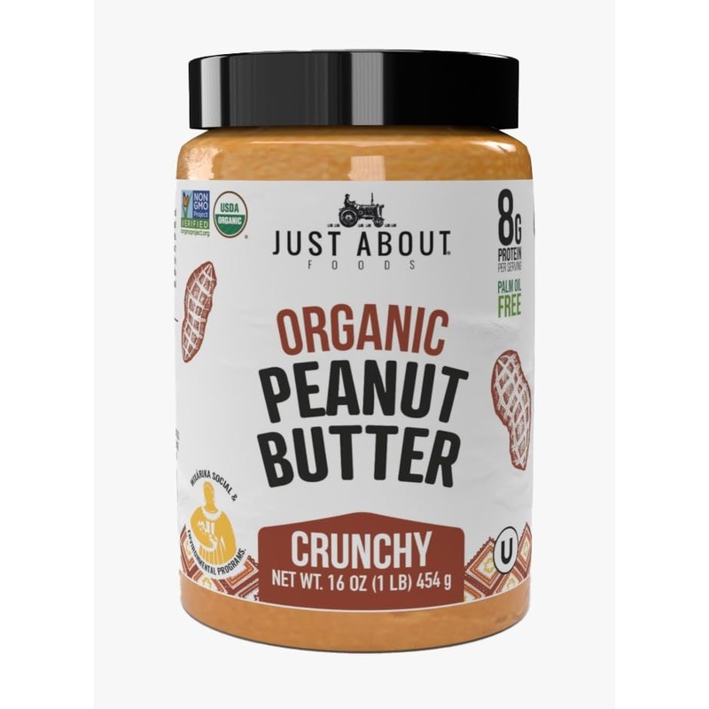 Just About Foods Organic Keto Peanut Butter, Crunchy, Gluten-Free, No Sugar Added, 16 oz, Palm Oil Free, Unsweetened Peanut Spread