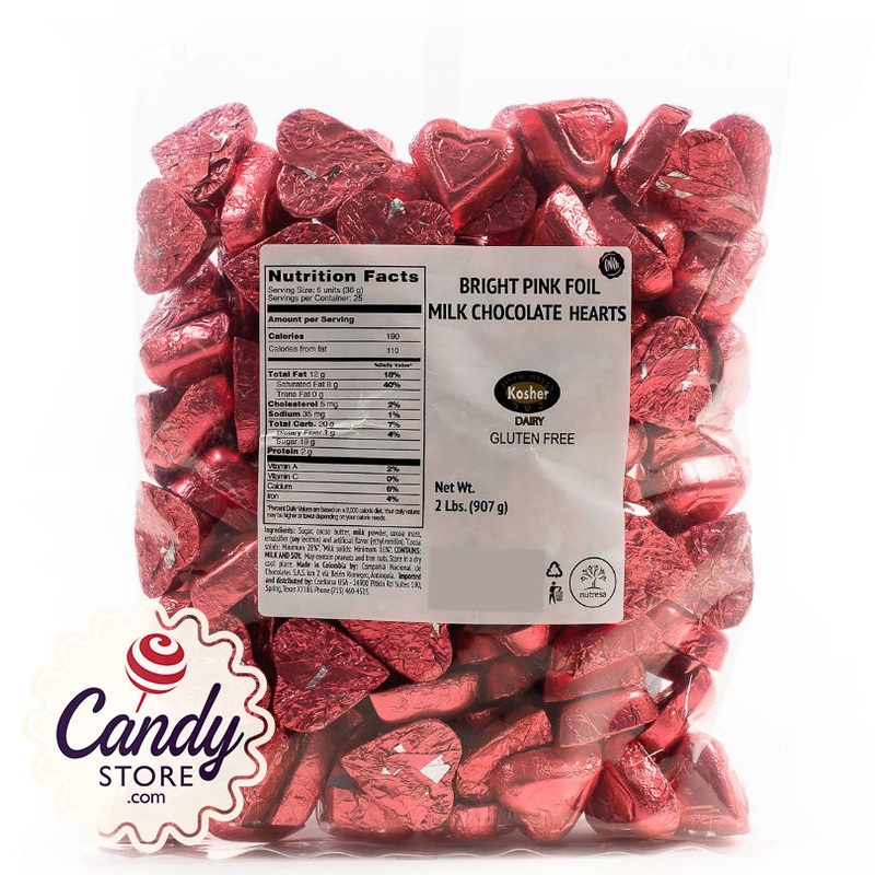 Bright Pink Foil Chocolate Hearts – 2lb Bulk