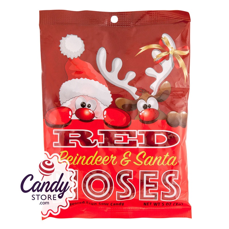 Reindeer And Santa Noses Cherry Fruit Sours 5oz Peg Bags – 12ct